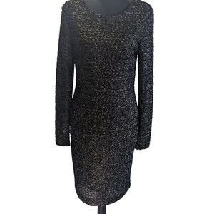 Badgley Mischka Black, Silver & Gold  Sequin Long Sleeve Dress Formal L